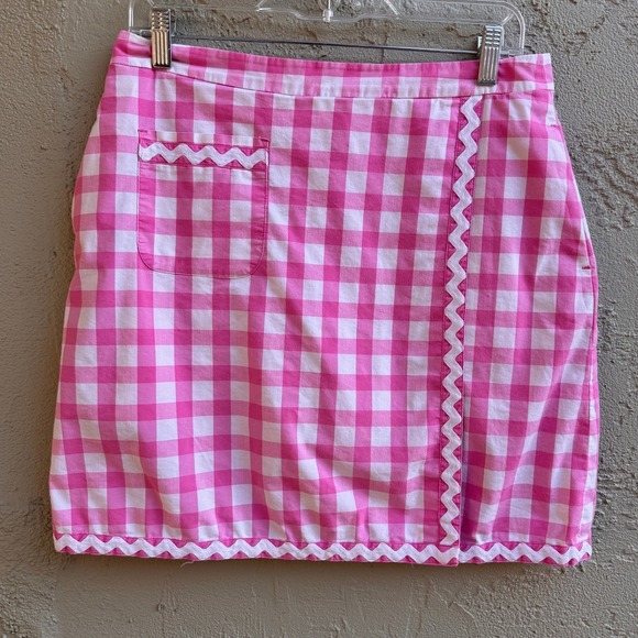 Lilly Pulitzer Pink White Gingham Wrap Skirt Ric Rac Trim Cottage Preppy Pocket - Picture 4 of 8